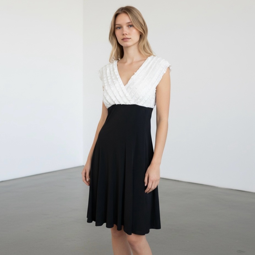 4/$40 Connected Apparel  Ruffled V-Neck Sleeveless Black White Midi‎ Dress